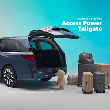2027 Honda Odyssey Elite in Smoke Blue Pearl back studio showing the hands-free access power tailgate (Minivan).